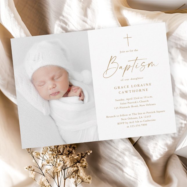 Convites Batismo Cruz Dourada Rota Moderna (Modern script gold cross baby photo baptism invitation.)