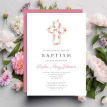 Batismo Cruz Floral Rosa Elegante Personalizado