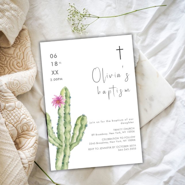 Convites Batismo Cruzado com Flor de Cuctus Simples (Simple Watercolor Cuctus Flower Cross Baptism Invitation)