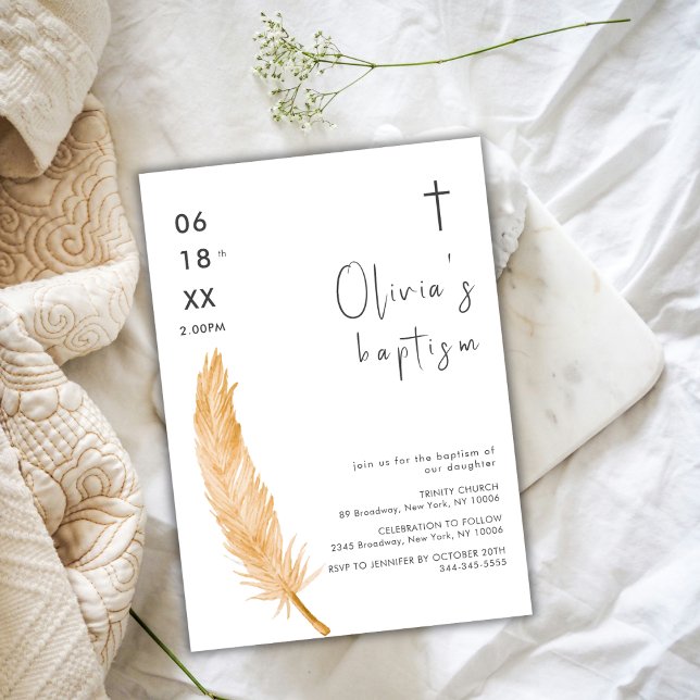 Convites Batismo Cruzado com Folha de Aquarela Neutra (Neutral Watercolor Feather Cross Baptism Invitation)