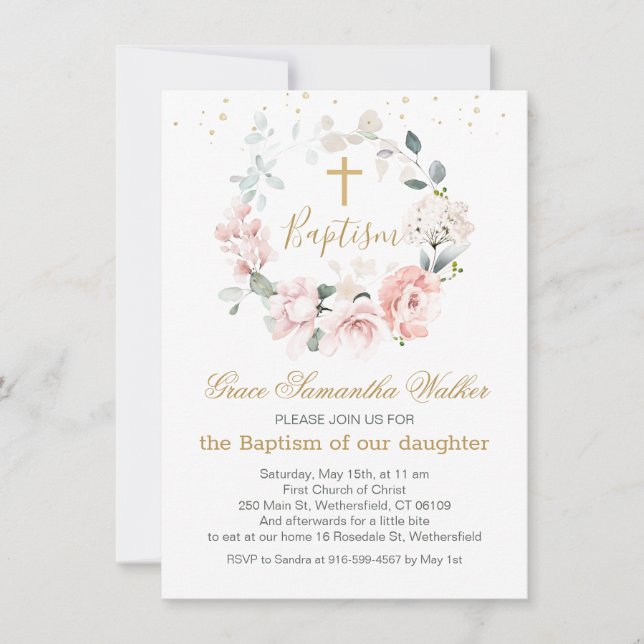 Convites Batismo Cruzado com Folhagem Rosa (Frente)
