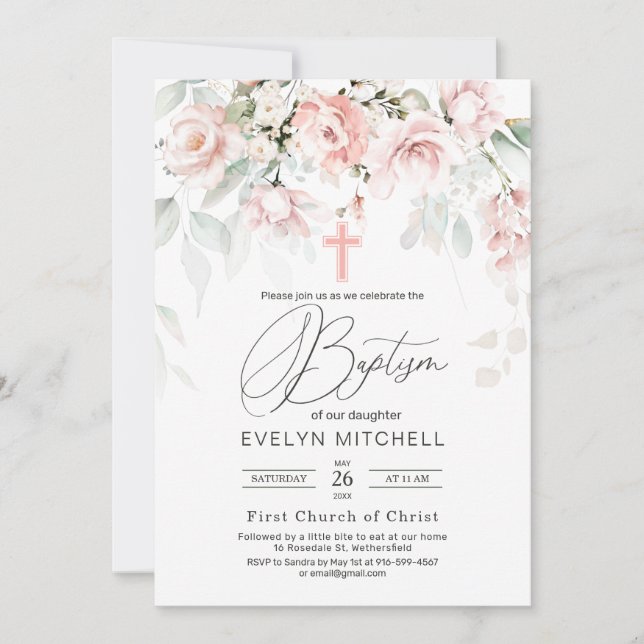 Convites Batismo Cruzado com Folhagem Rosa (Frente)