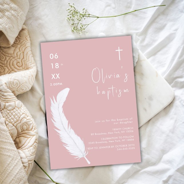 Convites Batismo Cruzado De Couro Cor Branca Dusty Pink (Dusty Pink White Watercolor Feather Cross Baptism Invitation)