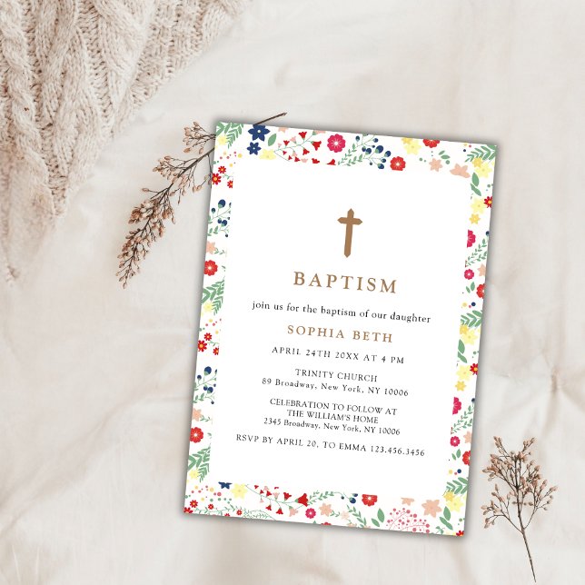 Convites Batismo Cruzado de Pequeno Flor Selvagem Colorida (Colorful Little Wildflower Frame Cross Baptism Invitation)