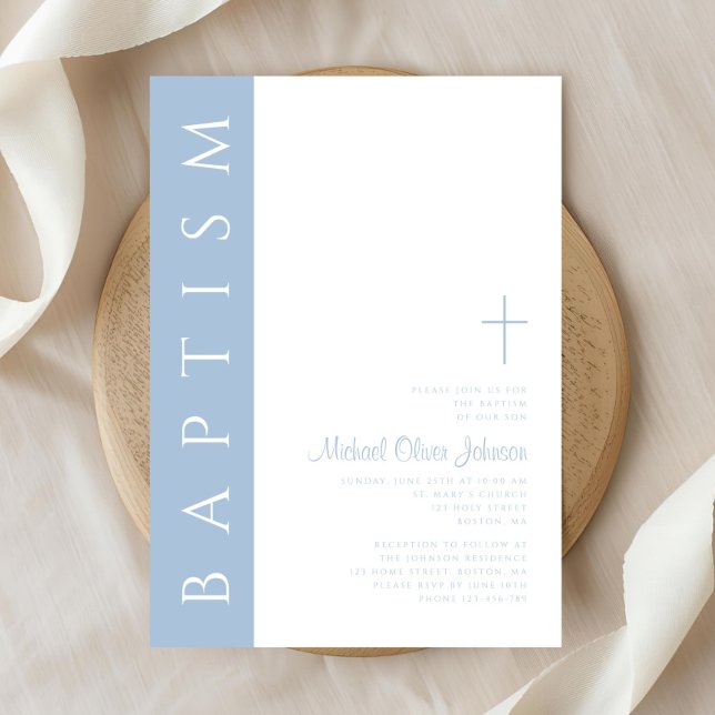 Convites Batismo Cruzado de Script Azul Elegante Moderno (Modern Elegant Blue Script Cross Baptism Invitation)