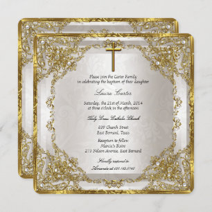 Convites Batismo Cruzado Dourado Beige Pearl Damask/Christe