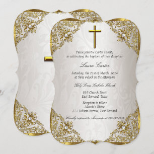 Convites Batismo Cruzado Dourado Beige Pearl Damask/Christe