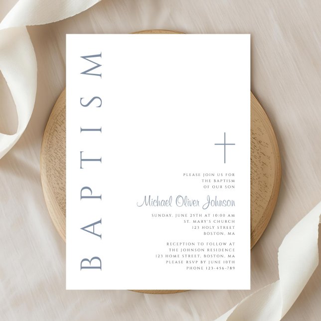 Convites Batismo Cruzado Elegante Dusty (Elegant Dusty Blue Script Cross Baptism Invitation)