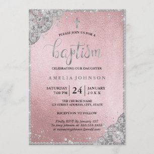 Convites Batismo cruzado entre rendas de diamante Dourado R