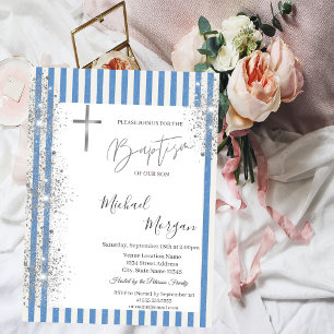 Convites Batismo Cruzado Glitter Silver Confetti Blue Strik