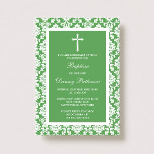 Convites Batismo Cruzado Verde Damask Ou Christening