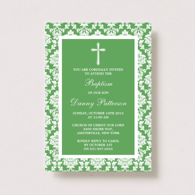 Convites Batismo Cruzado Verde Damask Ou Christening (Criador carregado)