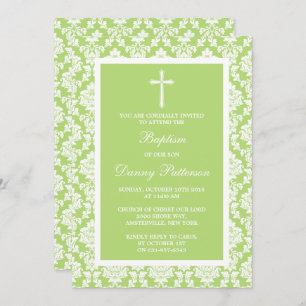 Convites Batismo Cruzado Verde Damask Ou Christening