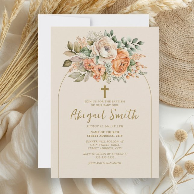 Convites Batismo da Bebê Floral de Pêssego Elegante (Peach and cream watercolor floral baby baptism invitation)