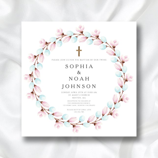 Convites Batismo da Cruz Azul Cor-de-Rosa Elegante (Elegant Pink Blue Cross Twins Baptism Invitation)