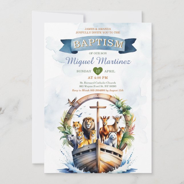 Convites Batismo da cruz da madeira Safari Ark Safari, da W (Frente)