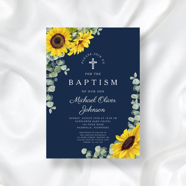 Convites Batismo da Cruz de Girassol Azul-Marinho Elegante (Elegant Navy Blue Sunflower Cross Baptism Invitation)
