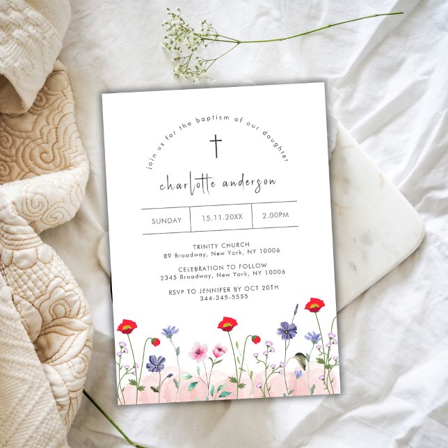 Convites Batismo da Cruz Flor Meadow Summer (Meadow Summer Little Flower Cross Baptism Invitation)