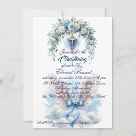 Convites Batismo da Cruz Floral Azul Elegante