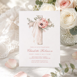 Convites Batismo da Cruz Floral Rosa Claro