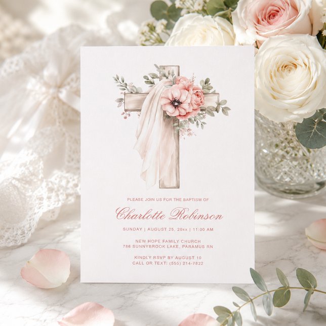 Convites Batismo da Cruz Floral Rosa Claro (Criador carregado)