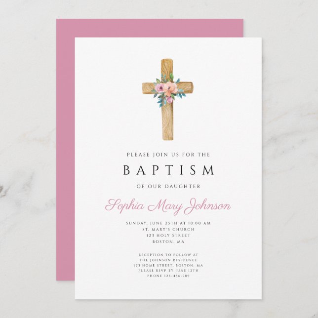 Convites Batismo da Cruz Floral Rosa Elegante (Frente/Verso)