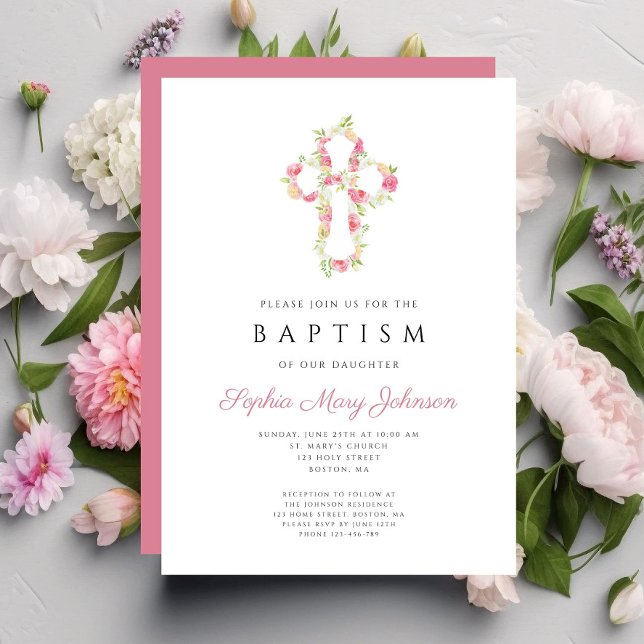 Convites Batismo da Cruz Floral Rosa Personalizada (Personalized Elegant Pink Floral Cross Baptism Invitation)