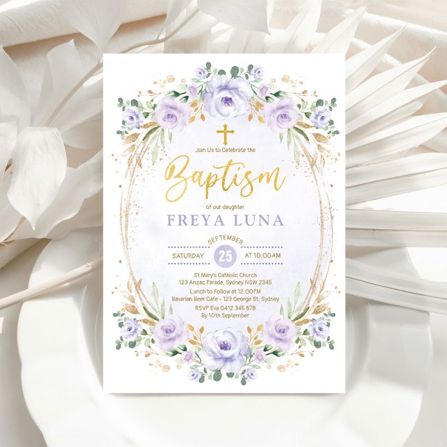 Convites Batismo da Lavanda Chic Dourada Floral Girl (Criador carregado)