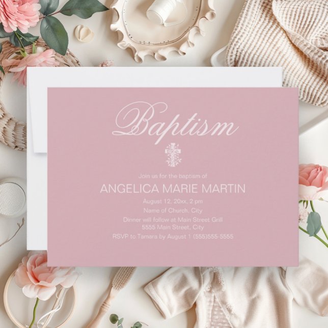 Convites Batismo da Menina Bebê Rosa com Cruz (Elegant blush pink baby baptism invitation)