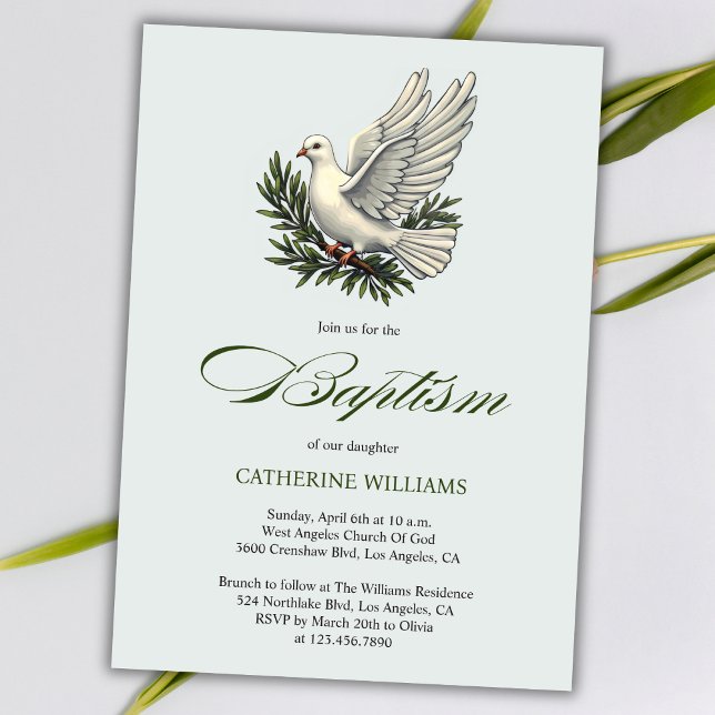 Convites Batismo da pomba branca de guiamento verde-oliva e (Elegant Green Script White Dove and Olive Branch Baptism Invitation)