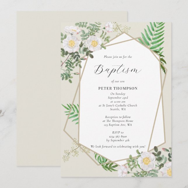 Convites Batismo das Douradas Rosas Brancas Geométricas Ver (Frente/Verso)