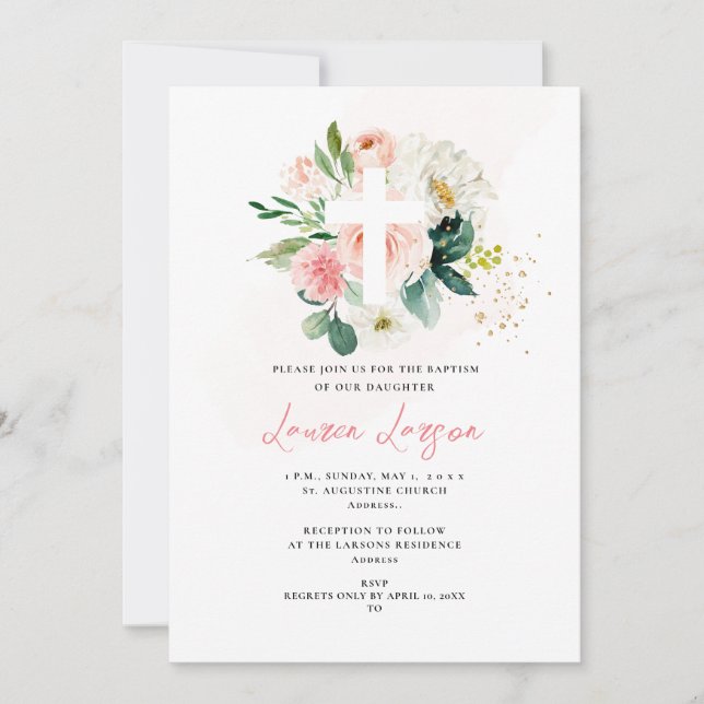 Convites Batismo das Rosas Rosa Pálidas H2 Elegante do Arts (Frente)