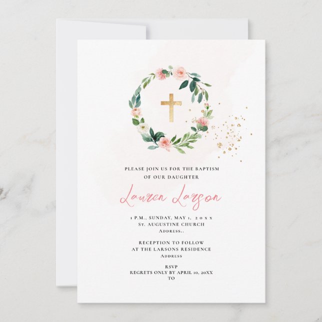 Convites Batismo das Rosas Rosa Pálidas H2 Elegante do Arts (Frente)