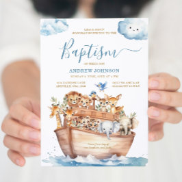 Convites Batismo de Aquarela de Batismo com Arca Azul