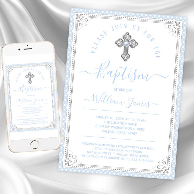 Convites Batismo de Bebê Azul Prata Menino (Baby blue silver baptism invitations. Instant download and printed invitations available.)