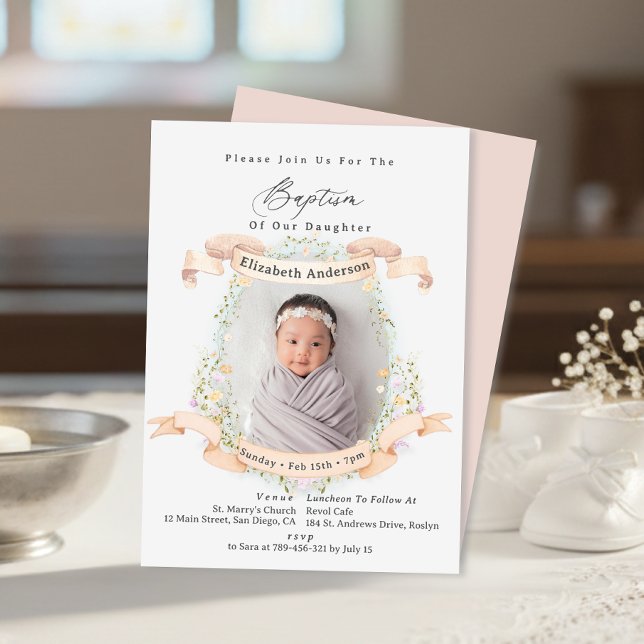 Convites Batismo de Bebê com Foto de Flores Silvestres Deli (Elegant Delicate Wildflowers Baby Photo Baptism Invitation)