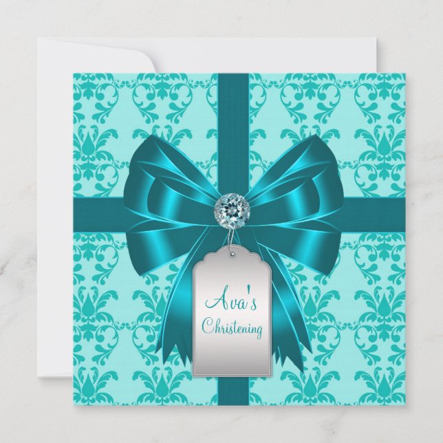 Convites Batismo de Bebê em Azul Turquesa Damask (Frente)