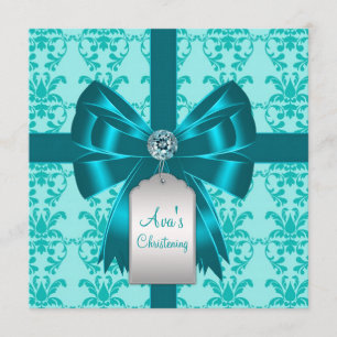 Convites Batismo de Bebê em Azul Turquesa Damask