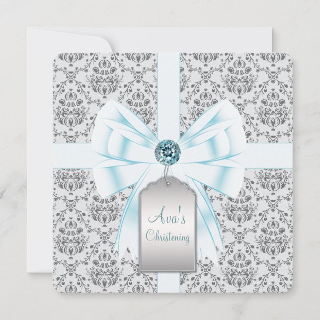 Convites Batismo de Bebê em Azul Turquesa Damask (Frente)