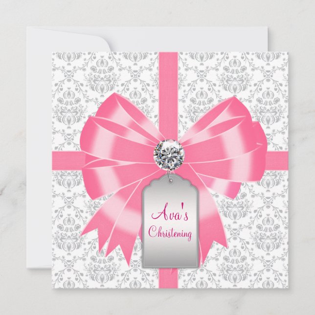 Convites Batismo de Bebê Menina Damask Cinza Rosa (Frente)
