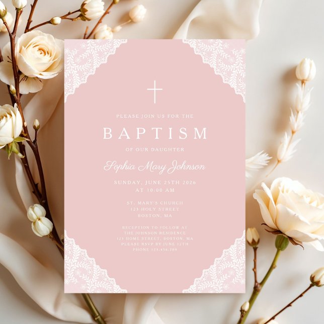 Convites Batismo de Bebê Menina Rosa de Renda Elegante (Elegant Lace Pink Baby Girl Baptism Invitation)