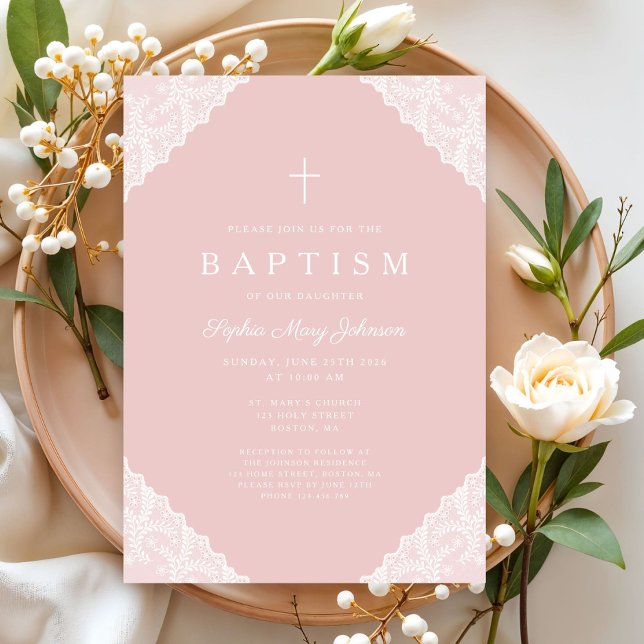 Convites Batismo de Bebê Menina Rosa de Renda Elegante (Elegant Lace Pink Baby Girl Baptism Invitation)