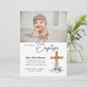 Convites Batismo de Bebê Menino com Cruz de Madeira e Foto
