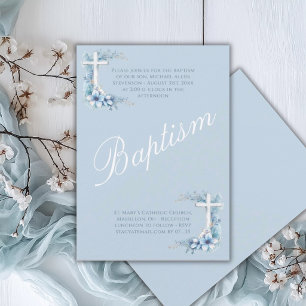 Convites Batismo de Bebê Menino Religioso Azul Elegante