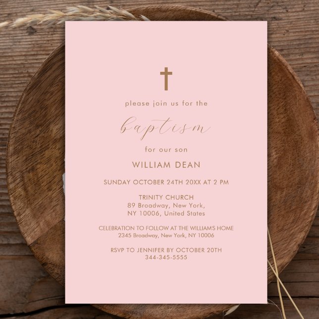 Convites Batismo de Boho Cross, Script Moderno Rosa e Doura (Pink & Gold Modern Script Boho Cross Baptism Invitation)