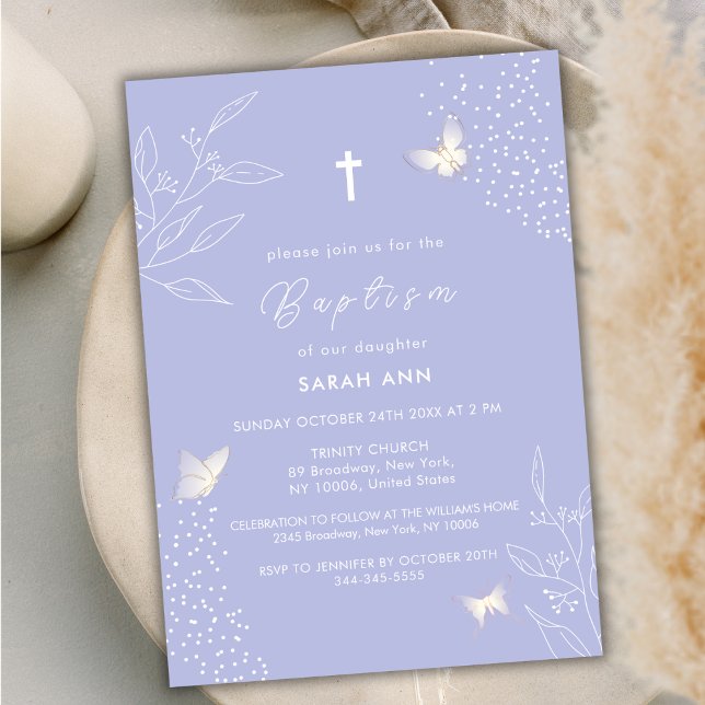 Convites Batismo de borboleta de folhas simples e elegantes (Elegant Simple Leave Butterfly Cross Baptism Invitation)