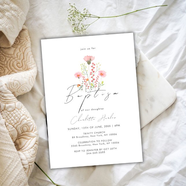 Convites Batismo de Caligrafia Floral Elegante (Elegant Wildflower Floral Calligraphy Baptism Invitation)