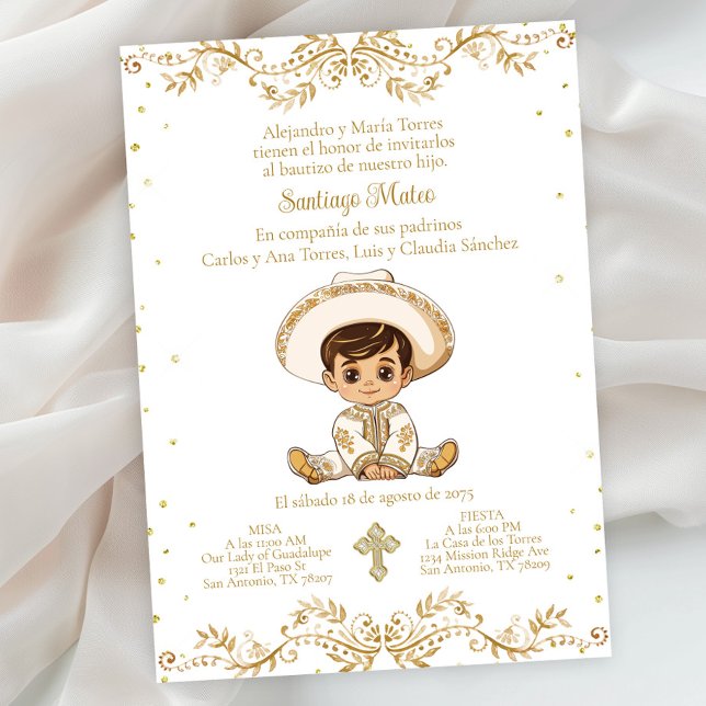 Convites Batismo de Charro Espanhol Menino (Boy gold charro baptism invitation. Simply add your event details.)