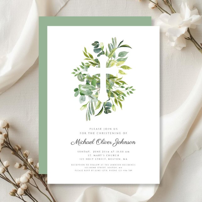 Convites Batismo de Cruz Religiosa Moderna com Folhagens (Modern Religious Cross Greenery Christening Invitation)