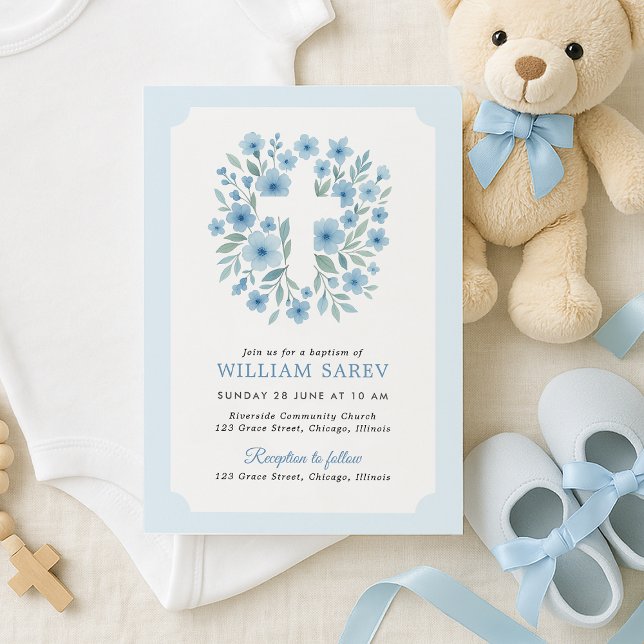 Convites Batismo de estilo de tíquete em azul (Soft blue baptism invite with teddy bear and ribbon – perfect for baby boy christening)
